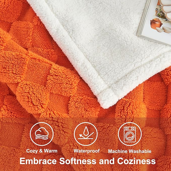 Yaning Checkered Waterproof Blanket for Bed Couch Sofa Car, Fluffy Soft Dog Blanket with 3D Jacquard Grid Pattern, Reversible Leakproof Pet Blankets for Dogs Cats Puppies, Burnt Orange, 50"x60"