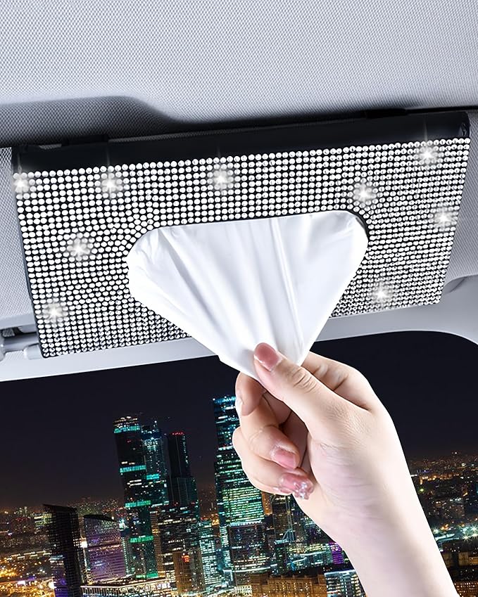 Bling Car Sun Visor Tissue Box Holder,PU Leather with Bling Crystal Rhinestones Tissue Holder,Car Accessories for Women (Black)