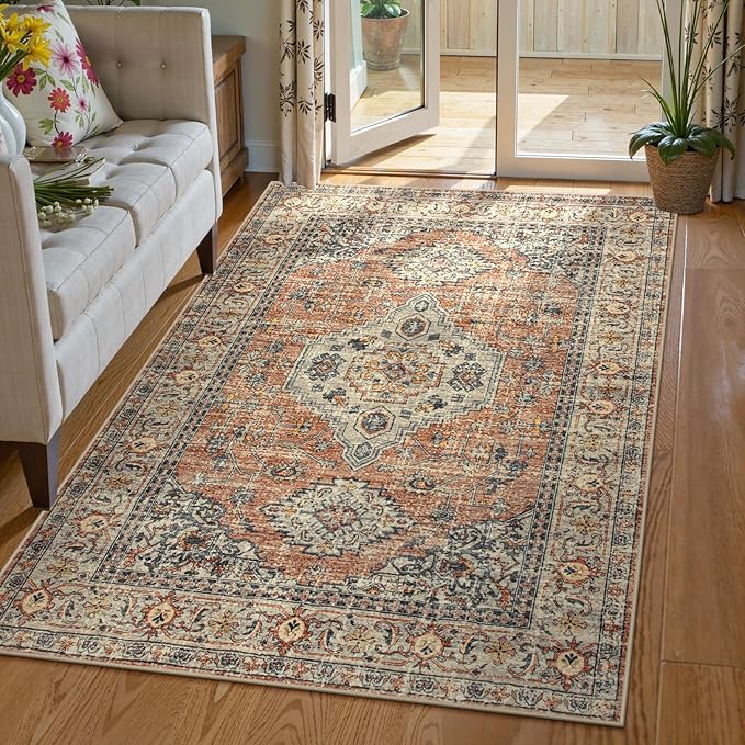 Lahome Oriental Washable Rug, 3x5 Rugs for Bedroom Living Room Entryway, Vintage Ultra-Thin Non-Slip Soft Throw Carpet for Kitchen Office Entrance Eleanor, Peach/Orange