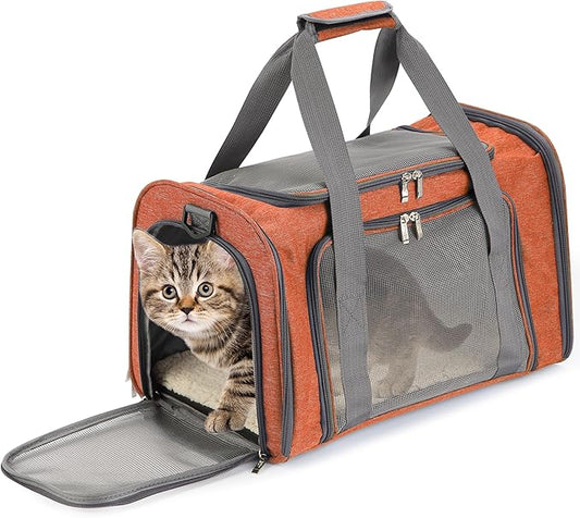 Mr. Pen- Pet Carrier, 17.5" x 11.2" x 11.5", Medium Size, Orange, Portable Travel Carrier for Small Pets, Cats & Small Dogs, Breathable Mesh, Safety Inner Leash, Side Pocket & Padded Shoulder Strap