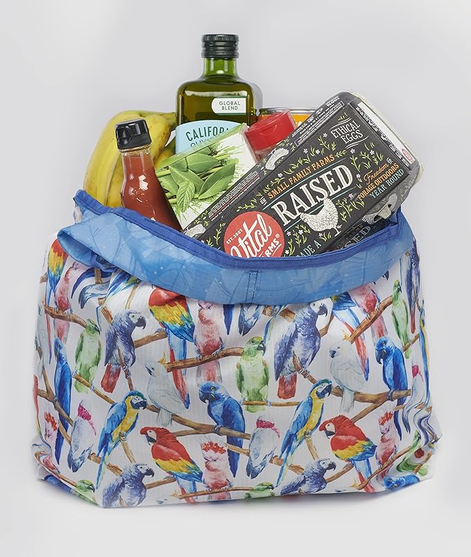 O-WITZ Reusable Grocery Bags | Vibrant Tote Bag For Groceries, Gym, Office, Beach, Toys & More | Washable Design With Large Handles For Maximum Convenience | Folds Into A Small Pouch, 3-pack, Parrots