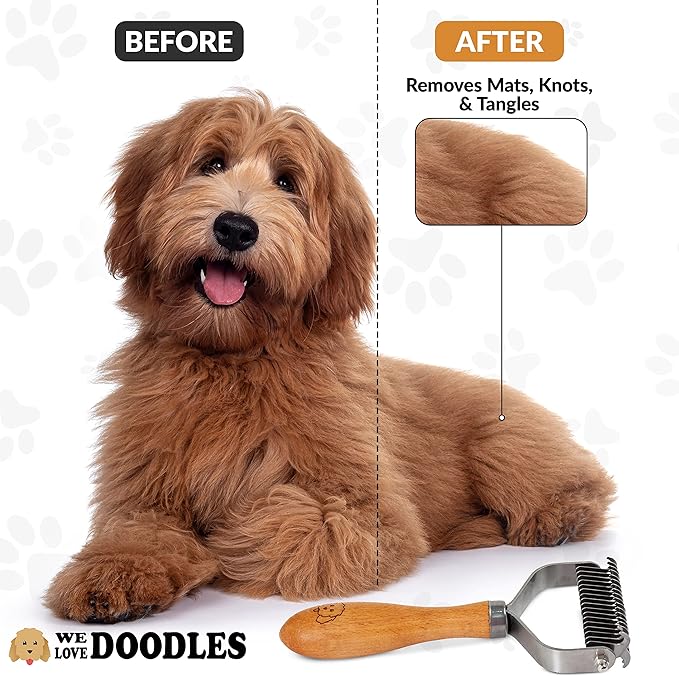 We Love Doodles Pet Dematting Comb and Curved Grooming Slicker Brush Bundle - Deshedding Undercoat Rake, Comb for Detangling Thinning and Shedding, Slicker Brush for All Hair Types