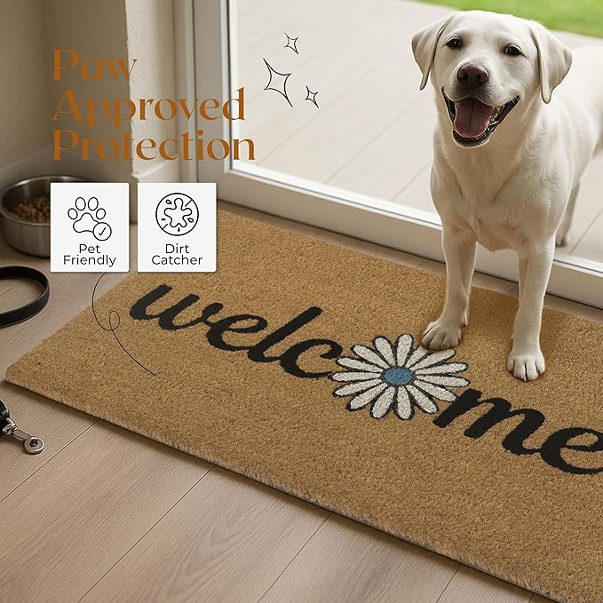 COCONIQ Coir Door Mats 17" X 30", Non-Slip Sturdy, PVC Backed Heavy Duty, Easy to Clean, Ideal for Door Entrance, Patio, Porch, Backyard, Garages, Welcome with Blue Daisy