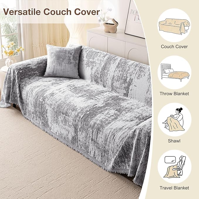 hyha Couch Cover for Dogs, Boho Sofa Covers for 3 Cushion Couch Washable, Chenille Sofa Slipcover for Pets, Soft Loveseat Sectional Couch Throw Blankets with Tassels (Dark Grey/White, 88.5x150 Inch)