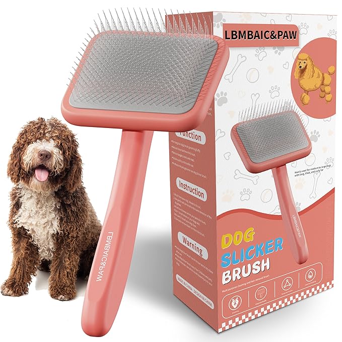 Dog Brushes for Poodle,Doodle,Goldendoodle,Labradoodle Coats Best Slicker Brush for Dogs Thick Long Curly Hair Shedding,Detangles,Fluffy Grooming Soft Long Pin Slicker Brush Dematting.Wooden(Large)