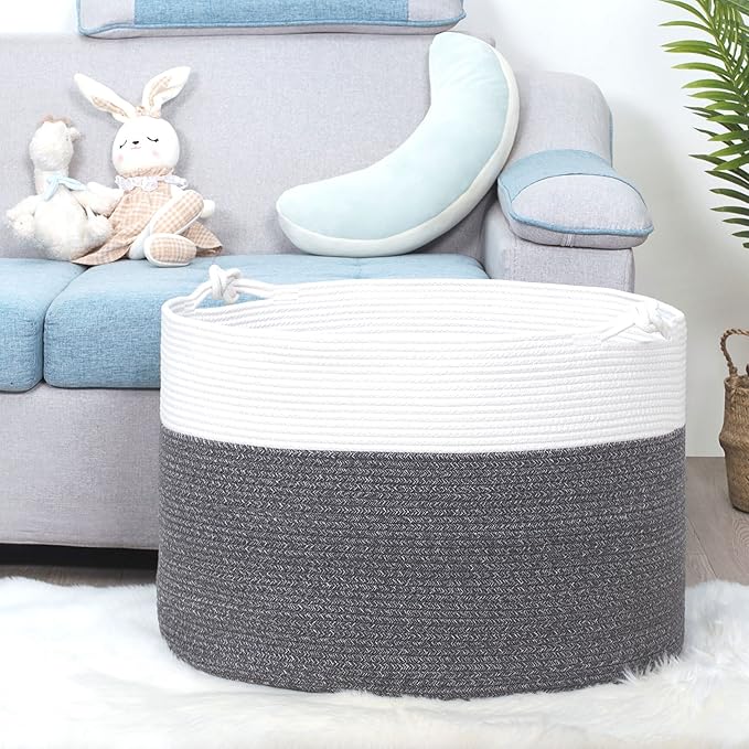 MINTWOOD Design Extra Large 22 x 16in Decorative Woven Cotton Rope Blanket Storage Basket Bin Living Room with Handles and Laundry Hamper for Pillows, Pool Towels, Dog Toys, Shoes, Dark Grey
