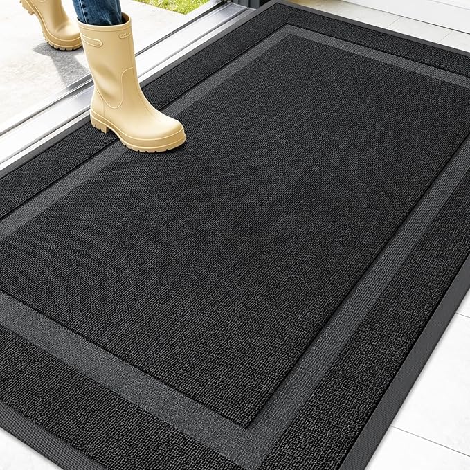 OLANLY Front Door Mat Indoor Outdoor Entrance, Waterproof All-Season, All-Weather Doormat, Sturdy Natural Rubber, Low Profile, Easy Clean Patio Porch Entryway Mat, 47x32, Jet Black
