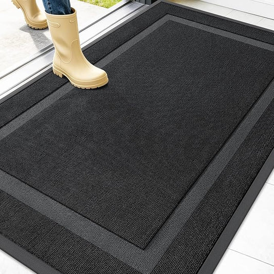 OLANLY Front Door Mat Indoor Outdoor Entrance, Waterproof All-Season, All-Weather Doormat, Sturdy Natural Rubber, Low Profile, Easy Clean Patio Porch Entryway Mat, 47x32, Jet Black