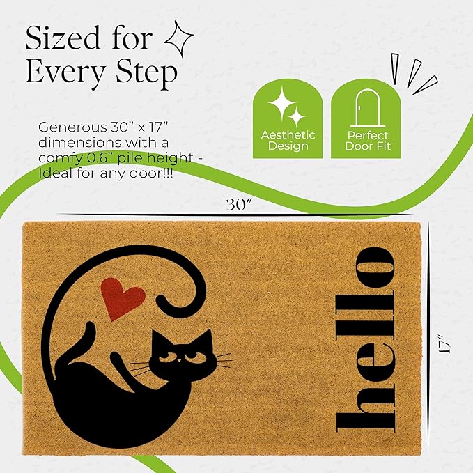 COCONIQ Coir Door Mats 17" X 30", Non-Slip Sturdy, PVC Backed Heavy Duty, Easy to Clean, Ideal for Door Entrance, Patio, Porch, Backyard, Garages, Love of Cats, A Hello