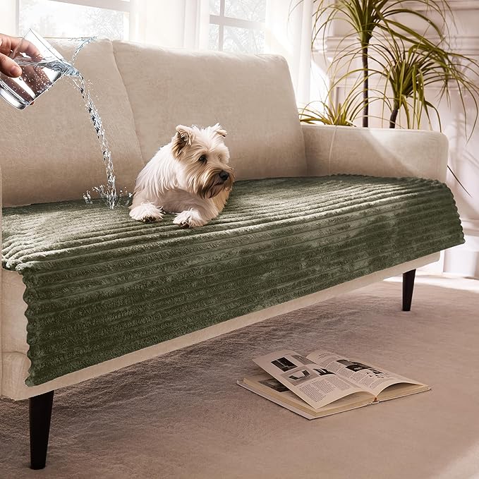 Meider Dual Non-Slip Couch Cover for Dogs Waterproof, Fuzzy Soft Pet Couch Covers for Sofa 3 Cushion, Pet Friendly Soft Dog Bed Covers Sofa Cover Washable (Sage Green, 33" x 85" 1 Pack)