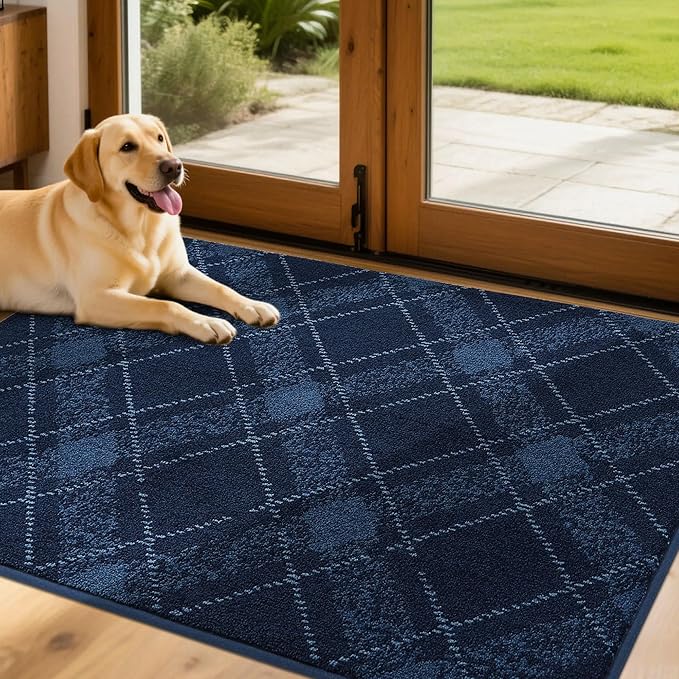 COSY HOMEER Plaid Door Mat 32" x 48",Dirt Trapper Entryway Rugs,Non-Slip Washable Farmhouse Doormat,Low Profile Welcome Mats for Paws Navy Blue