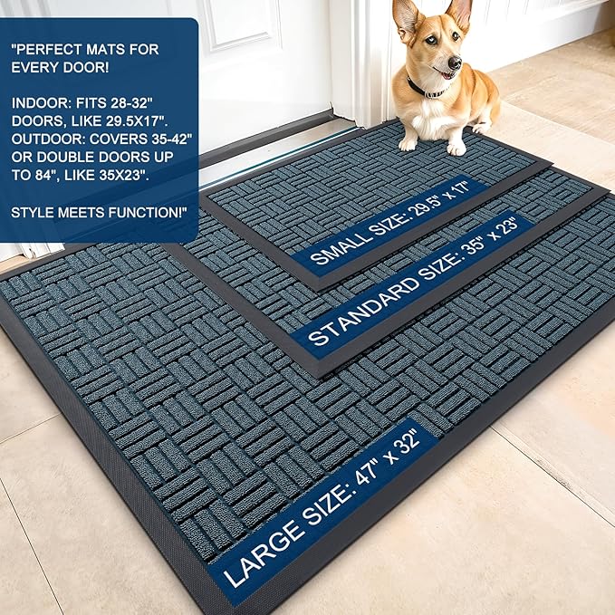 OLANLY Front Door Mat Outside Entrance 71x47, Absorbent, Heavy Duty Sturdy Natural Rubber Doormat Indoor Outdoor, Non-Slip, Stain and Fade Resistant, Low Profile Floor Mat for Entryway, Lake Blue