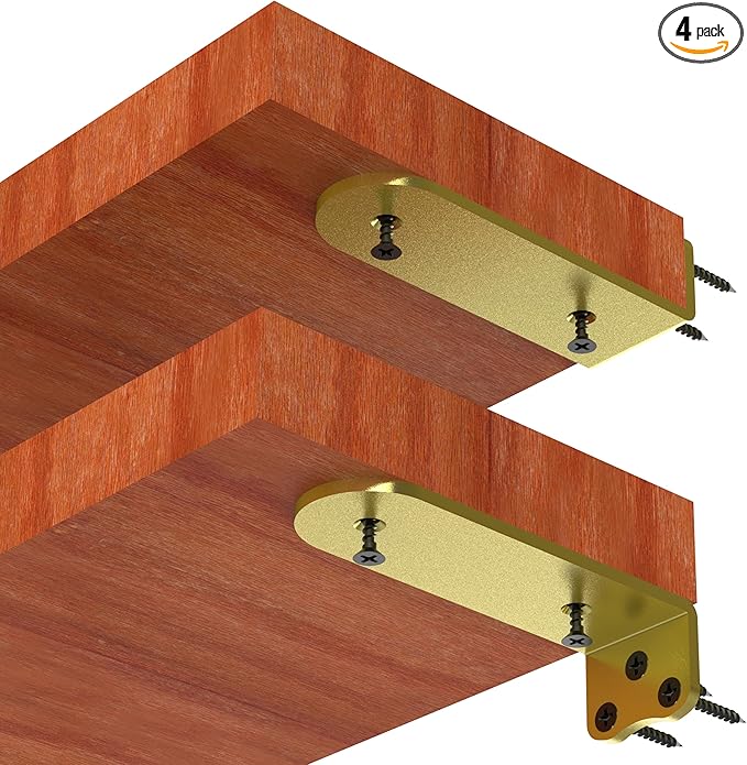 Floating Shelf Bracket, 8 Inch (1/4 in Thick) Glod Shelf Bracket,4 Pack Hidden Shelf Brackets,L Brackets for Shelves,Suitable for Kitchen, Study and Various DIY Occasions，Holds Over 200lb+(8IN Glod)