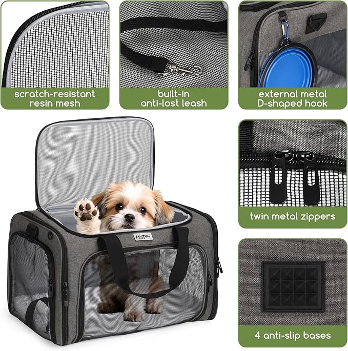 Pet Carrier for Cats & Small Dogs, Travel Carrier with Anti-Collapse Support, Chew Resistant Buckles, Luggage Sleeve, Multi-Pocket Storage, Reversible Mat & Bowl (Gray, Medium (17.5"x11"x11.5"))