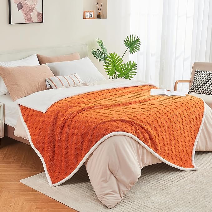 Yaning Checkered Waterproof Blanket for Bed Couch Sofa Car, Fluffy Soft Dog Blanket with 3D Jacquard Grid Pattern, Reversible Leakproof Pet Blankets for Dogs Cats Puppies, Burnt Orange, 50"x60"