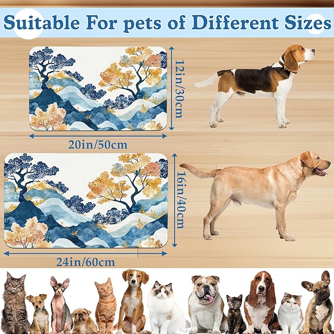 Japanese Wave Tree Dog Food Mat–Absorbent Quick Dry Feeding Placemat for Food and Water Bowls, Non Slip Rubber Backing, Waterproof Pet Supplies for Mess-Free Eating 12"x20"