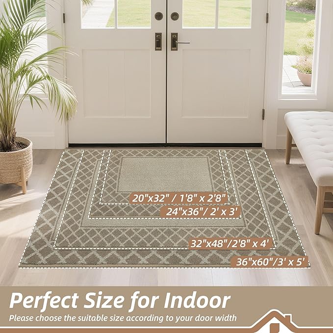 BEQHAUSE Door Mat Dirt Trapper Non Slip Entryway Rugs Absorbent Welcome Mat Low Profile Washable Front Door Mat for Muddy Paws,Entrance,Hallway, 24" x 36",Beige