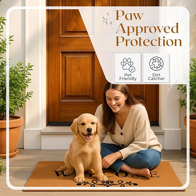 COCONIQ Coir Door Mats 17" X 30", Non-Slip Sturdy, PVC Backed Heavy Duty, Easy to Clean, Ideal for Door Entrance, Patio, Porch, Backyard, Garages, Welcome Floral Border