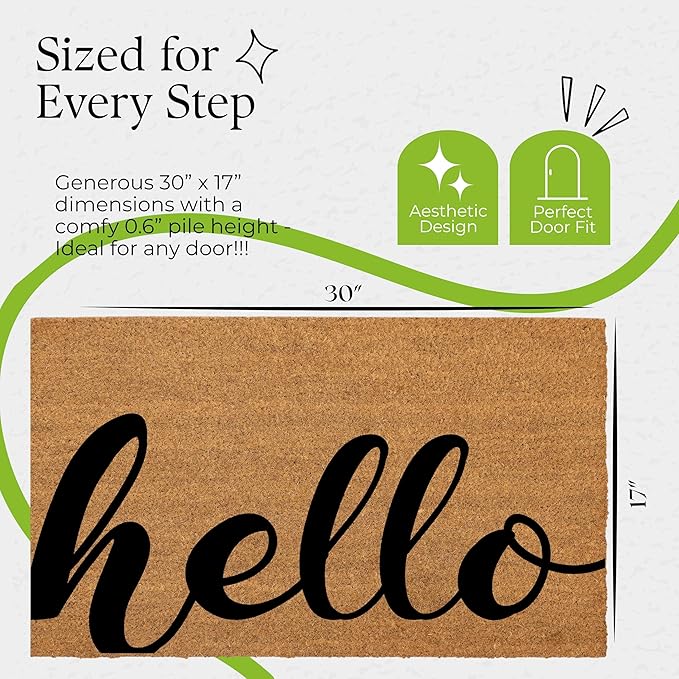 COCONIQ Coir Door Mats 17" X 30", Non-Slip Sturdy, PVC Backed Heavy Duty, Easy to Clean, Ideal for Door Entrance, Patio, Porch, Backyard, Garages, Drop-in to say a Hello!