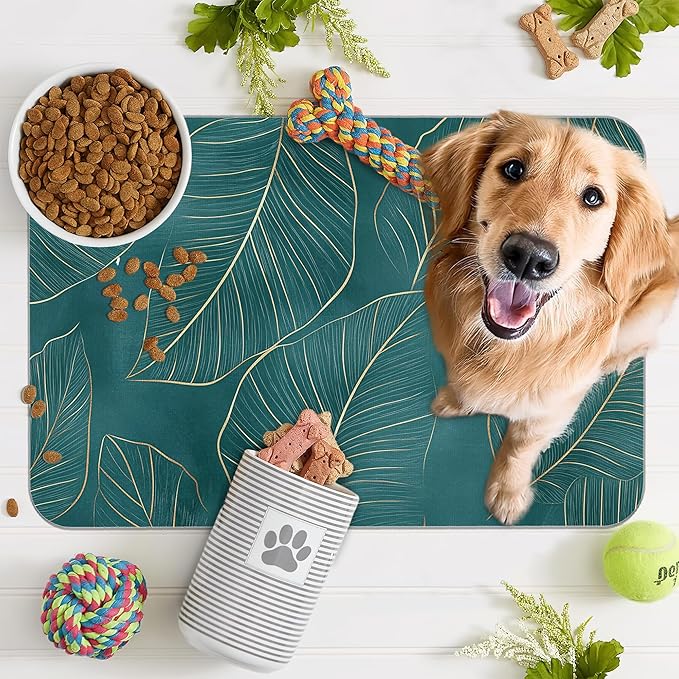 Tropical Palm Leaves Dog Food Mat for Floors,Absorbent Quick-Dry Pet Feeding Mat,Cat Dog Bowl Mats for Food and Water,Non-Slip Pet Accessories Supplies 12"x20"