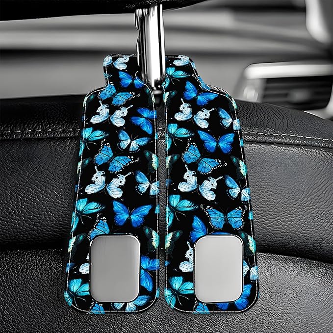 AEWNUNK Purse Hook for Car Watercolor Blue Butterflies 1 Pack Headrest Back Seat Hook Premium Leather Double Metal Hanger Storage Pack Bag Purse Holder Car Interior Accessories