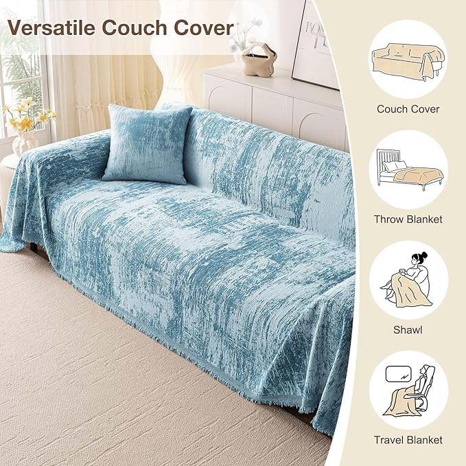 hyha Couch Cover for Dogs, Boho Sofa Covers for 3 Cushion Couch Washable, Chenille Sofa Slipcover for Pets, Soft Loveseat Sectional Couch Throw Blankets with Tassels (Blue/White, 88.5x150 Inch)
