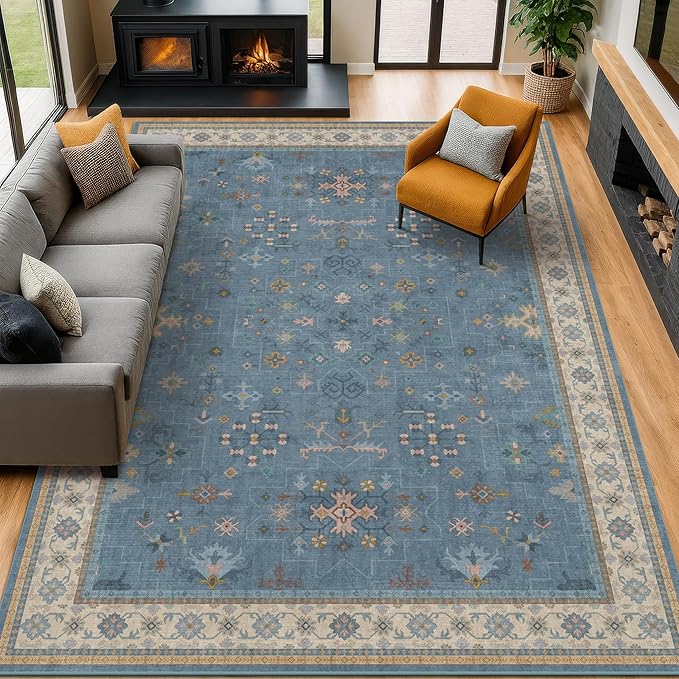 Blue Big Rugs for Living Room - Dusty Blue 10x14 Area Rug for Large Bedroom, Dining Room, Washable Lightweight Low Pile Foldable Eclectic Modern Floral Home Décor