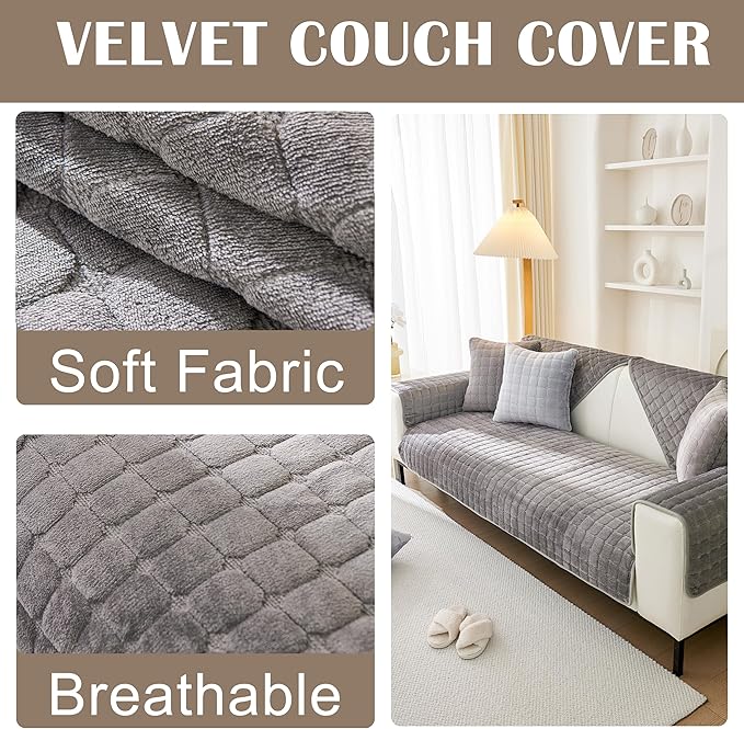 KaviKon Couch Cover Pack of 2, L Shaped Sectional Sofa Covers Washable, Velvet Fuzzy Sofa Slipcovers for 3 Cushion Couch Cover, Non-Slip Furniture Protector for Dog Pet Grey, 36x63+36x94 Inch (2 Pcs)