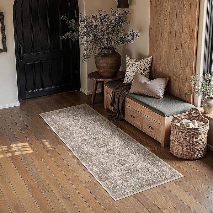 2x5 Washable Vintage Runner Rug Brown Oriental Hallway Kitchen Throw Rug Neutral Non Slip Soft Low Pile Carpet for Bathroom Laundry Bedroom Living Room