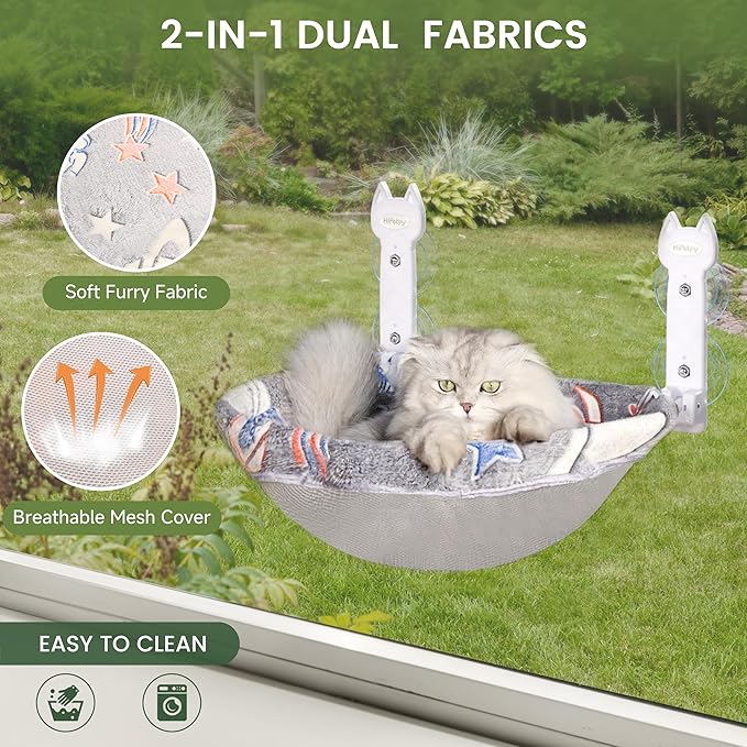 HiPetpy Cat Window Perch, Glow in The Dark Foldable Cat Hammock with Sunken Design & Removable Soft Cover, Breathable Cordless Window Bed for Resting Indoor Kitten (Grey Deep Perch, Medium)