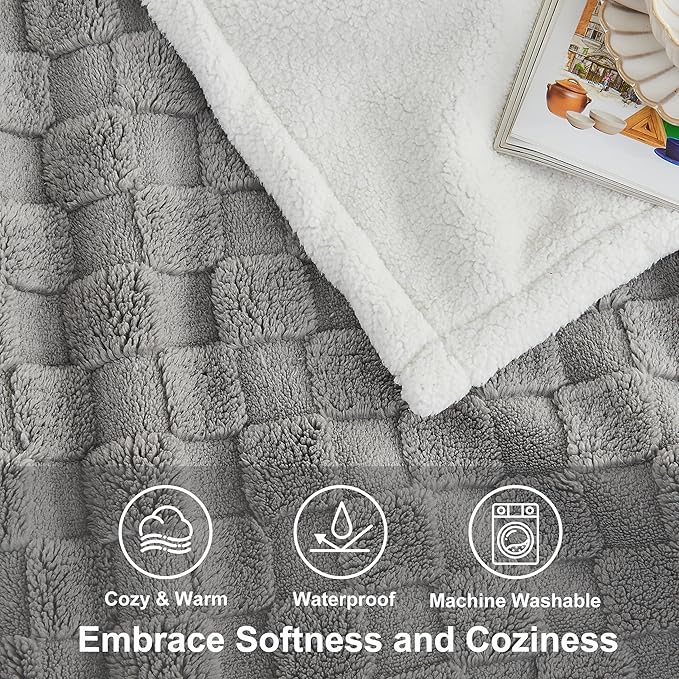 Yaning Checkered Waterproof Blanket for Bed Couch Sofa Car, Fluffy Soft Dog Blanket with 3D Jacquard Grid Pattern, Reversible Leakproof Pet Blankets for Dogs Cats Puppies, Grey, 60"x80"