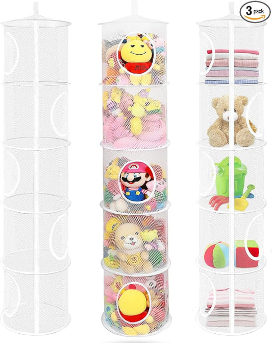 3Pcs Stuffed Animal Storage Foldable hanging net for stuffed animals or Hammock Organizer, 5 Compartments kids toy storage organizer, toy organizer for Kid Room Toys, Gloves, Hats, Socks(White)