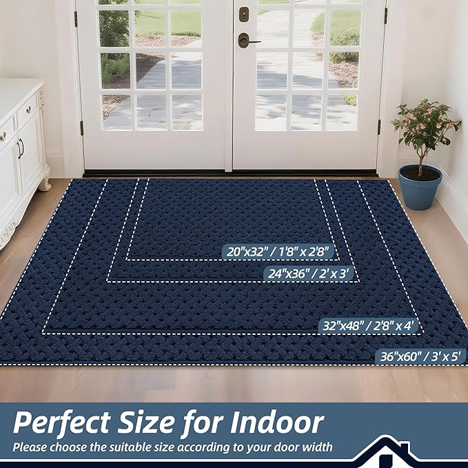 BEQHAUSE Dirt Trapper Door Mat Non-Slip Entryway Rugs Stain Resistant Absorbent Dog Doormats Woven-Look Washable Welcome Floor Doormat for Front Back Door, Muddy Wet Shoes & Paws, 32" x 48", Blue