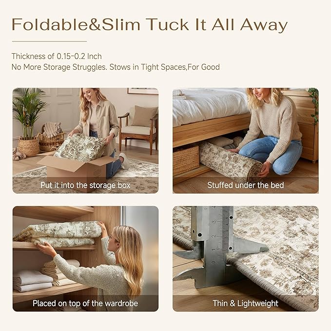 2x5 Washable Neutral Runner Rug Brown Vintage Hallway Kitchen Carpet Non-Slip Soft Low Pile Farmhouse Throw Rug for Bedroom Bathroom Laundry Living Room