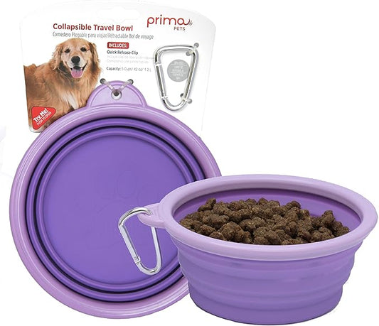 Prima Pet Collapsible Silicone Water Travel Bowl with Clip for Dog and Cat, Portable and Durable Pop-up Feeder for Convenient On-The-go Feeding – Size: Large (5 Cups) Purple