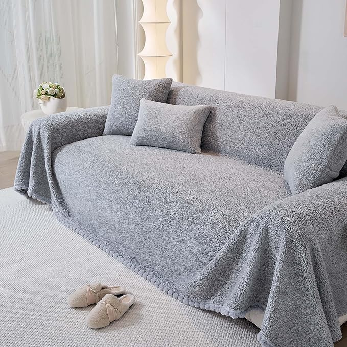 Sherpa Fleece Couch Cover for 2 Cushion Sofa, Grey, 71" x 118" – Pet Proof Sofa Covers, Heavy Duty, Scratch Resistant, Pet Friendly Furniture Cover – Easy Install, Machine Washable