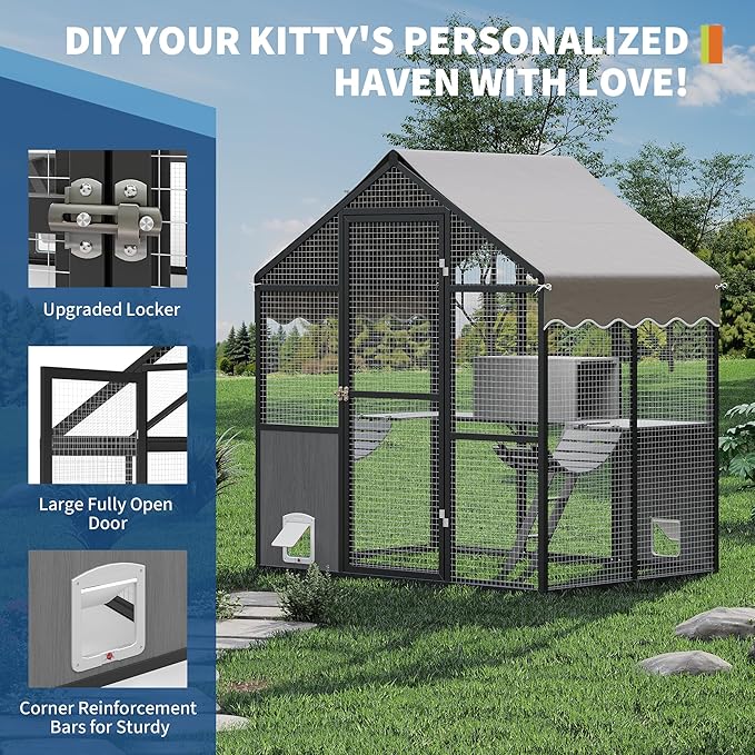 Aluminum Extra Large Catio Outdoor Cat Enclosure for Multiple Cats, Catio Large Cat Run, Cats Run Enclosure Walk in Kitten Condo with Channels, Side Door, UV Proof Cover, Huge Condo, Platform