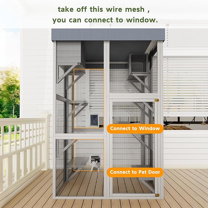 LOVMOR 70" Tall Outdoor Wooden Catio with 5 Platforms & 2 Resting Boxes, Rounded Corner Design, UV-Resistant & Waterproof, Rust-Proof Metal, Secure Locking Mechanism