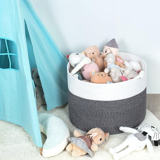MINTWOOD Design Extra Large 22 x 16in Decorative Woven Cotton Rope Blanket Storage Basket Bin Living Room with Handles and Laundry Hamper for Pillows, Pool Towels, Dog Toys, Shoes, Dark Grey