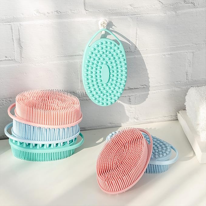 Premium Sensory Brush for Kids or Autism,Soft Silicone Body Scrubber,2 in 1 Sensory Room Occupational Therapy Brushes,Silicone Loofah,Pet Shower Brush Bath Brush Shampoo Brush(hangable-Oval-Blue)