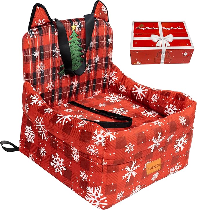 CABZOON Christmas Dog Car Seat for Small/Medium Dogs Up to 35lbs,Elevated Cushion Fits in Front/Back Seat,Travel Safety Per Car Bed with Washable Removable Cover, Storage 2 Pockets Christmas Tree