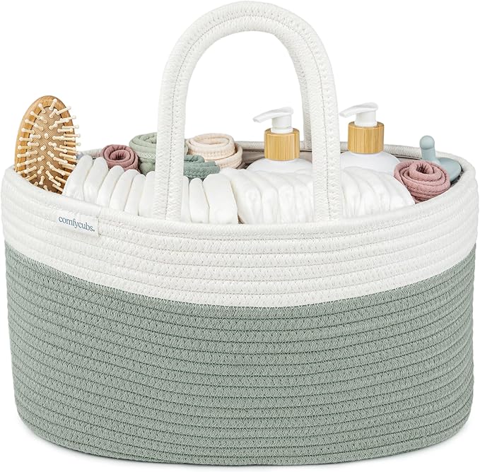 Comfy Cubs Rope Diaper Caddy Organizer 8.5" x 15" x 8" - Large Baby Diaper Basket with 3 Spacious Compartments - Stylish Cotton Baby Caddy Organizer for Diapers, Wipes & Essentials - Sage