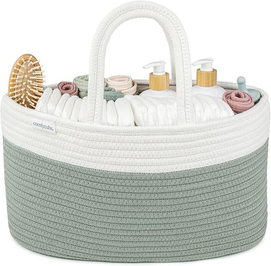 Comfy Cubs Rope Diaper Caddy Organizer 8.5" x 15" x 8" - Large Baby Diaper Basket with 3 Spacious Compartments - Stylish Cotton Baby Caddy Organizer for Diapers, Wipes & Essentials - Sage