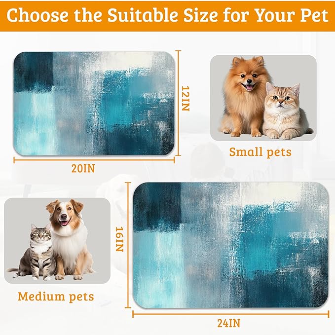 Pet Feeding Mat,Art Painting Absorbent Dog Cat Food Mat Grey Blue Dog Mat with Rubber Backing,Non-Slip Water Bowl Placemat,Pet Supplies 12" x 20"