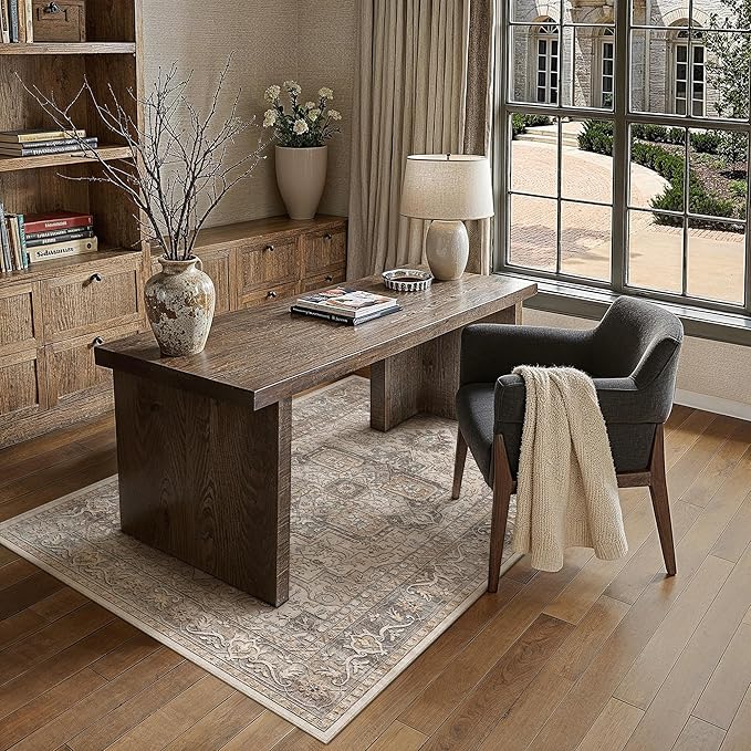 4x6 Washable Vintage Area Rug Brown Oriental Soft Entryway Throw Rug Neutral Non Slip Low Pile Small Carpet for Kitchen Bathroom Living Room Bedroom