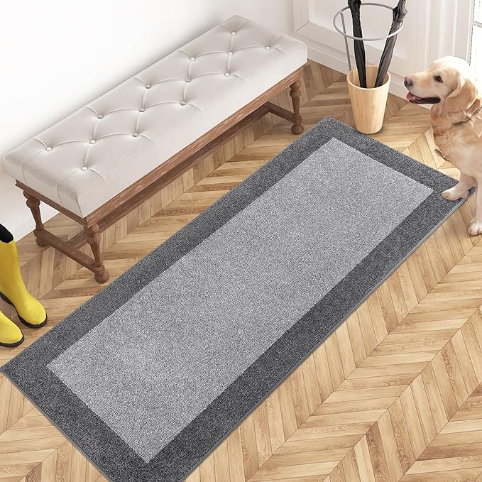 PURRUGS Dirt Trapping Door Mat 24" x 60", Non-Slip Machine Washable Entry Rug, Entrance Mat, Indoor Front Door Mat, Super Absorbent Entryway Rug for Muddy Shoes & Paws, Light Grey & Grey