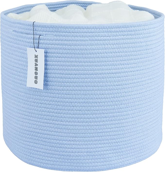 XUANGUO Cotton Rope Basket For Girls Boys Kids 16”X14” Baby Laundry Baskets Nursery Bin Round Woven Basket For Storage Toys Blankets Shoes Clothes blue