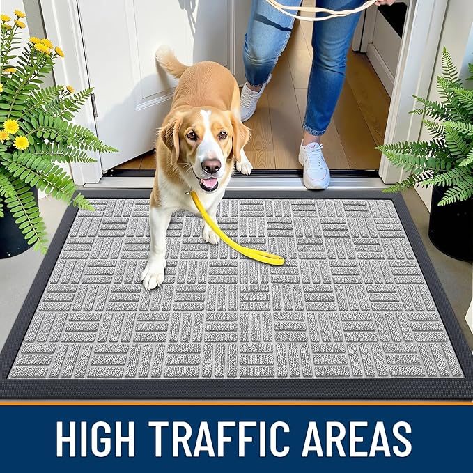 OLANLY Front Door Mat Outside Entrance 47x32, Absorbent, Heavy Duty Sturdy Natural Rubber Doormat Indoor Outdoor, Non-Slip, Stain and Fade Resistant, Low Profile Floor Mat for Entryway, Light Gray