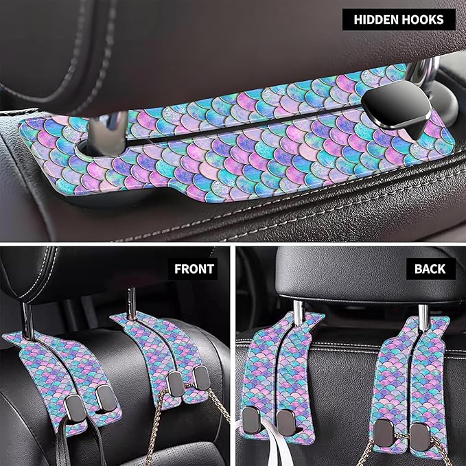 AEWNUNK Car Headrest Purse Hanger Watercolor Mermaid Fish Scale 1 Pack Bag Purse Holder for Car Premium Leather Double Metal Hook for Handbags, Grocery Bags and Phones