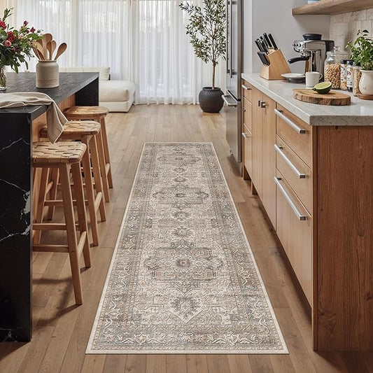 2x8 Washable Vintage Runner Rug Brown Oriental Hallway Kitchen Throw Rug Neutral Non Slip Soft Low Pile Carpet for Bathroom Laundry Bedroom Living Room